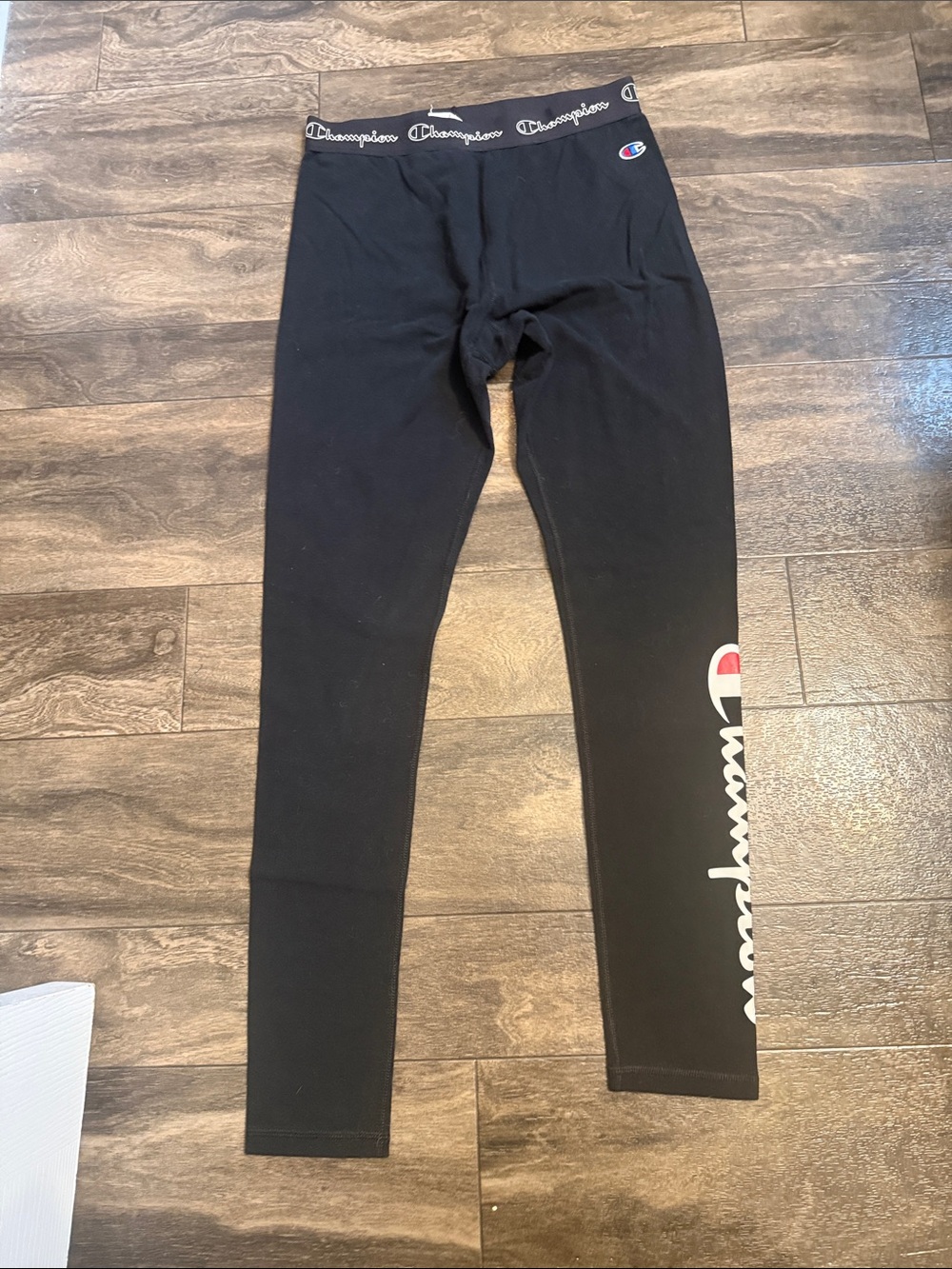 Champion Black Leggings with White & Red Script